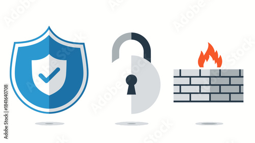 Visual representation of cybersecurity elements: a shield, an opened padlock and a firewall
