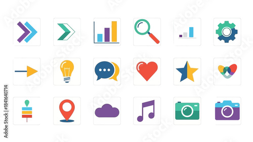 Collection of vibrant flat design icons representing diverse functions and applications interface