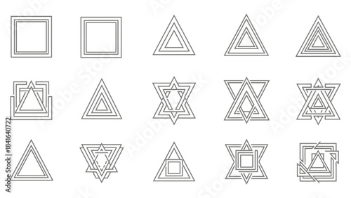 Varied selection of geometric design elements incorporating triangles and squares in a modern,