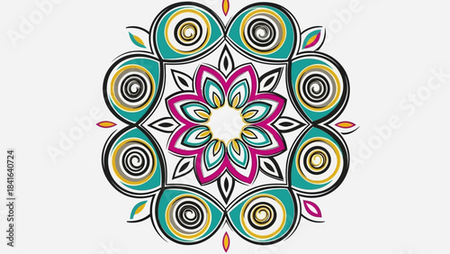 Artistic floral mandala illustration in vibrant colors with spiraling elements and leaf