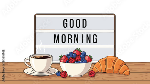 Good morning breakfast scene with coffee cup and bowl of mixed berries on wooden table