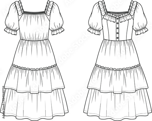 Tiered ruffle dress technical flat sketch with puff sleeves, square neckline, button front bodice, and gathered skirt detailed CAD fashion illustration template