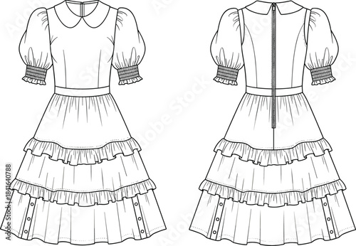 Tiered ruffle dress technical flat sketch with puff sleeves, Peter Pan collar, smocked cuffs, and back zipper detailed CAD fashion garment design template
