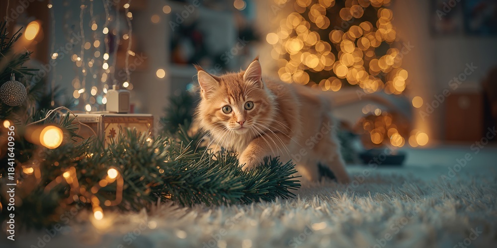 Obraz premium Orange tabby feline engages with Christmas lights as part of holiday home decoration, highlighting seasonal ambiance