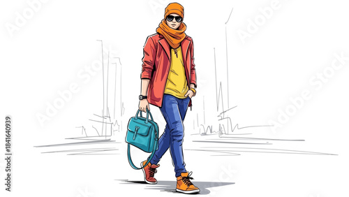 Stylish cartoon man with a satchel walks through a city wearing hip clothes