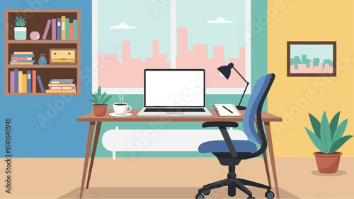 Modern workspace illustration depicting a comfortable remote work setup with cityscape view