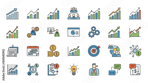 Diverse business and financial vector icons displaying growth, strategy, planning, and investment,
