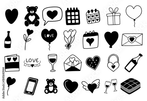 hand draw Black and white valentines day icons including hearts, gifts, wine, teddy bear, and sweets isolated on
