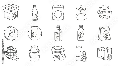 Line art illustration showcasing eco-friendly practices and sustainable consumption methods in