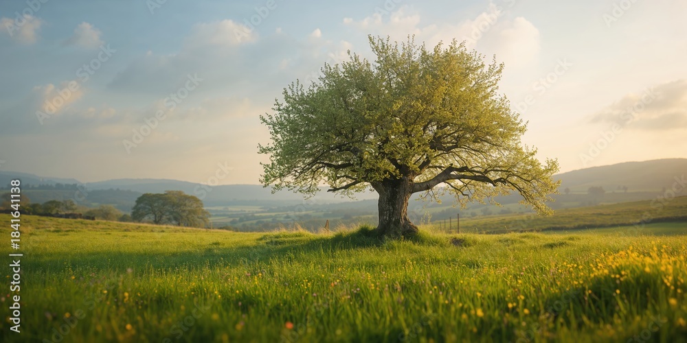 Naklejka premium A small oak tree growing in a meadow at Green Castle Wood close to Carmarthen, Carmarthenshire, Wales, UK, highlighting environmental conservation