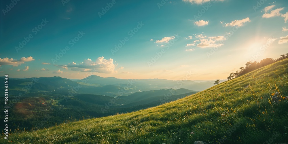 Naklejka premium Carpathian mountain range during summer with clear blue sky and clouds, ideal for editorial header backgrounds