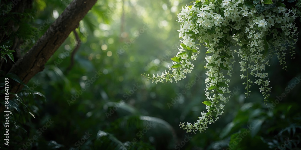 Obraz premium Tropical forest Ecalipta prostrata vines with small white flowers, seasonal flowering patterns