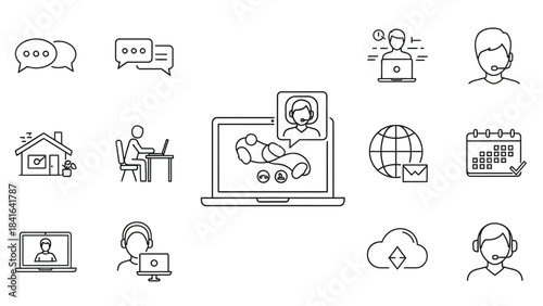 Collection of stylized thin line icons representing remote work and communication