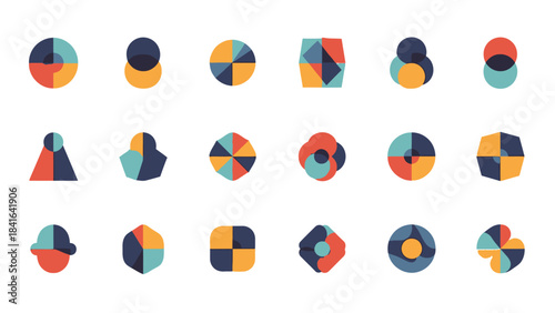 Modern geometric symbols with a retro color palette create a vibrant and balanced arrangement