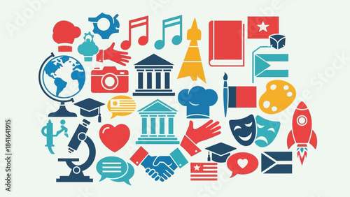 Multicultural diverse education and knowledge concept with variety of colourful symbols