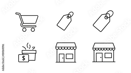 Minimalist linear icon set depicting retail, shopping cart and marketplace elements