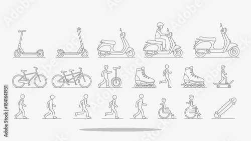 Vector Illustration of Various Transportation and Leisure Activities with Line Art Style