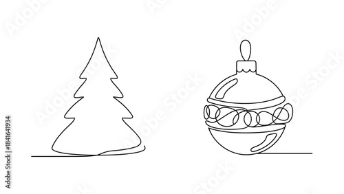 Minimalist Holiday Joy: Single Line Continuous Drawing of Tree and Bauble Decoration