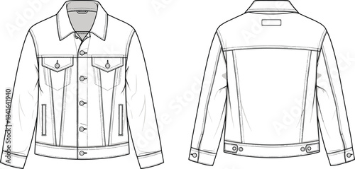 Denim jacket technical flat sketch with button front, chest pockets, panel seams, adjustable tabs, and collar detail CAD fashion design illustration template
