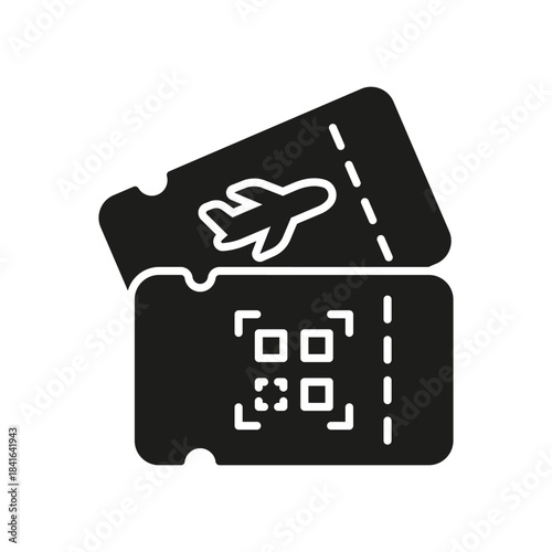 Airplane Tickets With Qr Code Solid Icon. Travel Booking, Flight Reservation, And Digital Ticketing Silhouette Symbol. Modern Aviation And Travel Industry. Isolated Vector Illustration