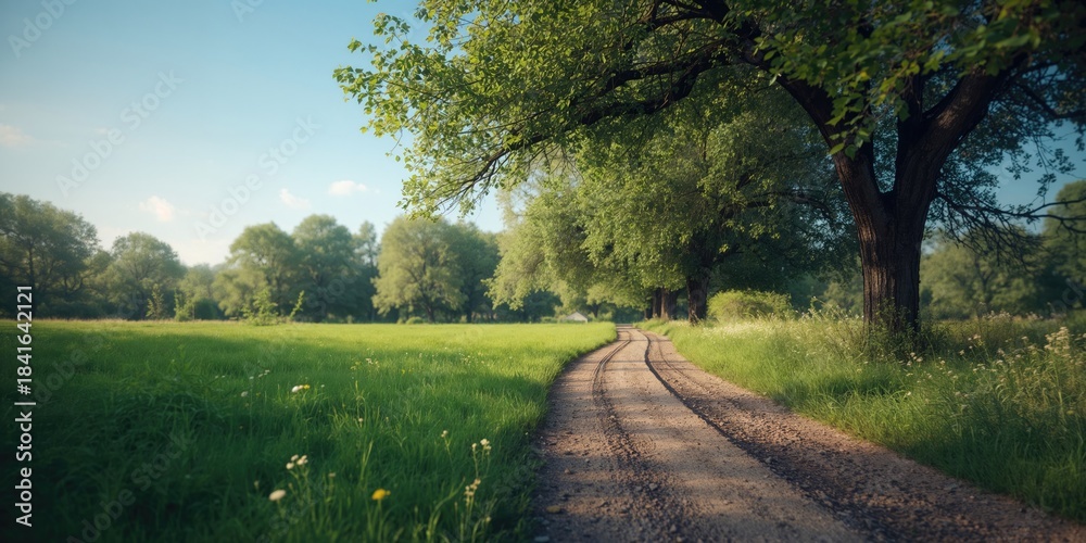 Naklejka premium Quiet woodland trail surrounded by vibrant foliage beneath a bright sky, suitable for recreational walks or cycling