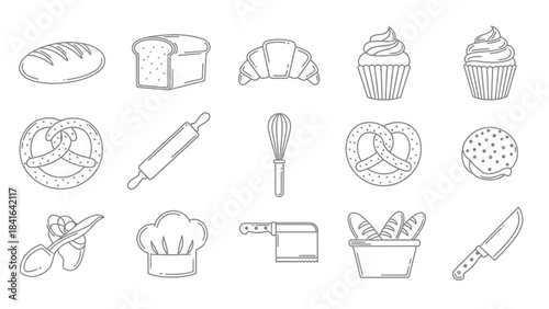 Bakery and Pastry Line Art Illustration Collection with Essential Baking Elements, Minimalistic