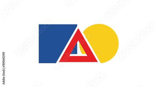 Dynamic arrangement of geometrical shapes in vibrant primary colors for modern design