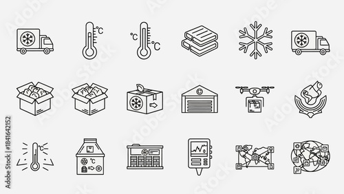 Minimalist outline icons representing the cold chain process and logistical management