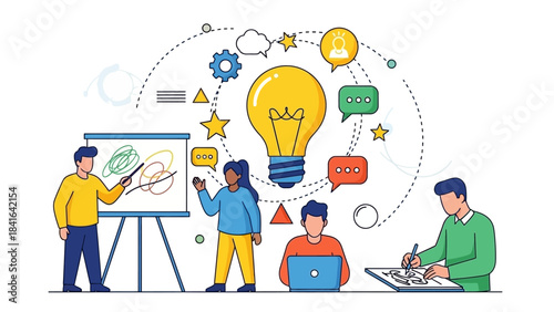 Illustrative brainstorming team with shared ideas and communication enhancing creative thinking