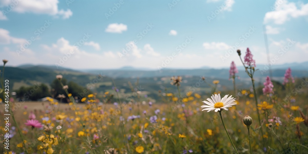Naklejka premium Soft-focus countryside scene with colorful blooms and open sky, ideal for layout backdrops