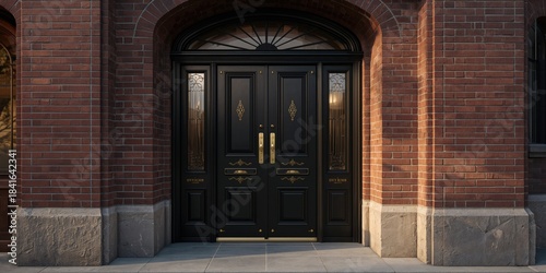 Black door featuring brass ...