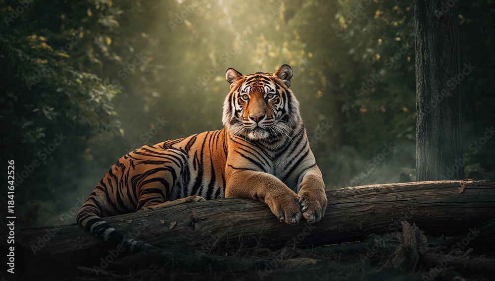 Fototapeta premium Bengal tiger lying on timber in a jungle setting, highlighting animal behavior and habitat preservation