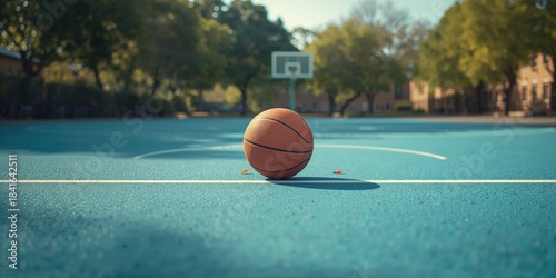 Basketball resting on a blu...