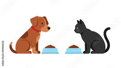 A brown dog and a black cat sitting next to their food bowls on a