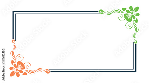 Elegant rectangular border with orange and green floral corner designs on a white background