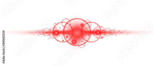 Vibrant red glow lens flare with shimmering sparkles and bokeh overlay. Abstract energy beams and cinematic lighting effects on dark background.