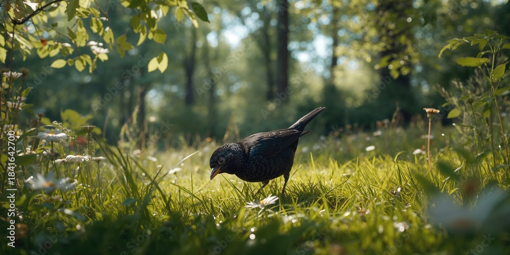 Fototapeta premium Blackbird foraging in a springtime woodland environment, with flowers, leaves, and tall grass providing a rich habitat