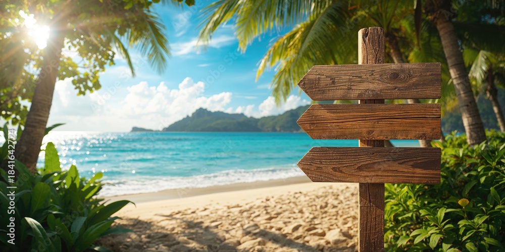 Naklejka premium Beachside signpost with travel directions, summer vacation, arrow indicating sea route, tropical environment, Earth Day