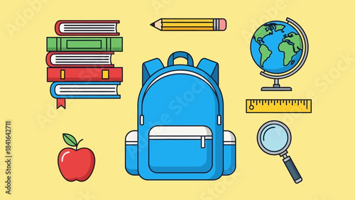 Back to school supplies arrangement on a yellow backdrop showing education equipment stack of