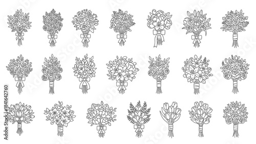 Collection of various wedding bouquets in a minimalist line art style.