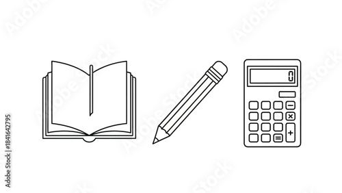 Minimalist Line Art Depiction of Academic Tools: Book, Pencil, and Calculator Ready for Learning