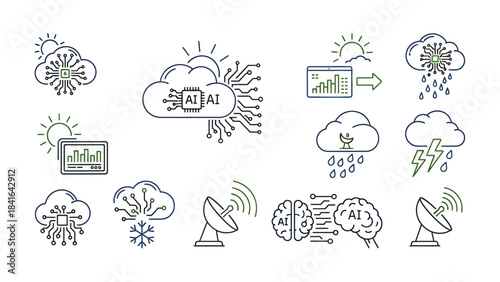 Artificial intelligence network and weather icons for meteorology forecast analysis