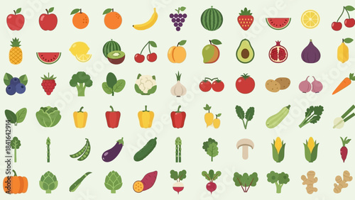 Collection of colorful flat design fruits and vegetables for healthy eating concept