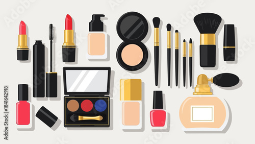 Collection of essential makeup products and beauty accessories for a flawless look