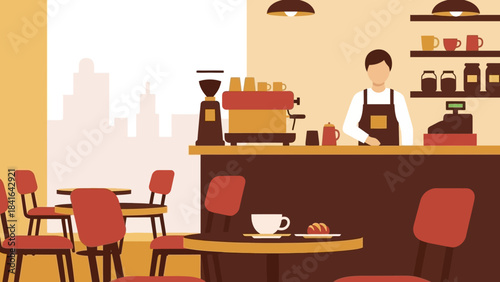 Stylized Coffee Shop Interior with Barista and City View in Flat Design, Inviting Atmosphere