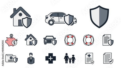 Diverse insurance coverage outline icons safeguarding various aspects of life and assets,