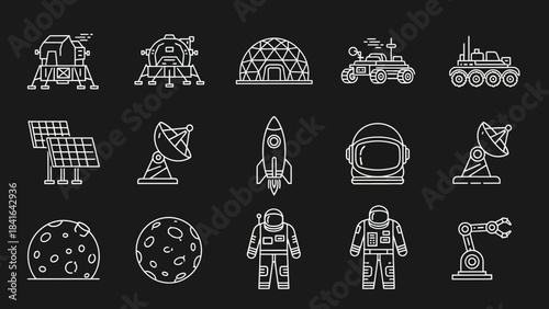 Conceptual representation of lunar exploration and colonization elements in simplistic white line