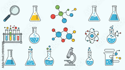 Science exploration backdrop: A composition of chemistry equipment and molecules illustration
