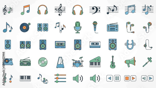 A Compilation of Musical Icons and Audio Equipment in an Illustration Style