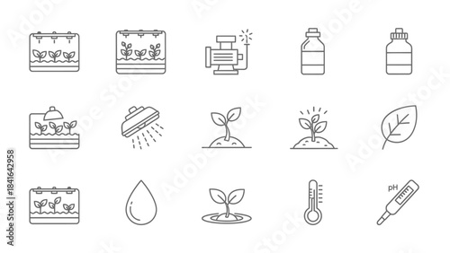 Icon set illustrating hydroponics and seedling cultivation techniques for plant growth